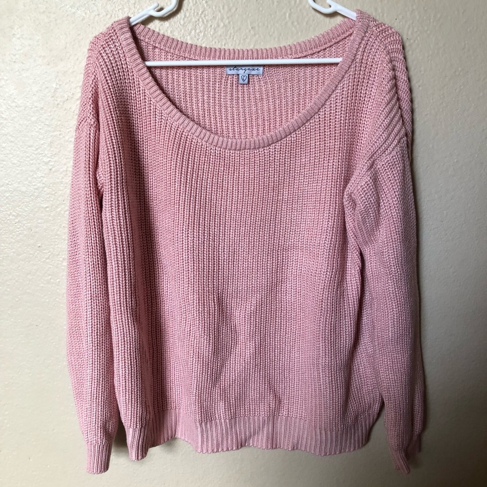 pink off the shoulder sweater